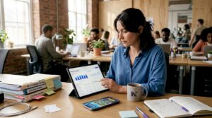 Analyst reviewing mobile ad campaign