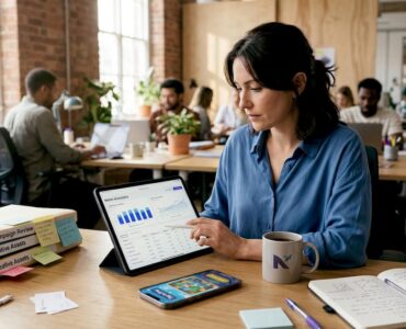 Analyst reviewing mobile ad campaign