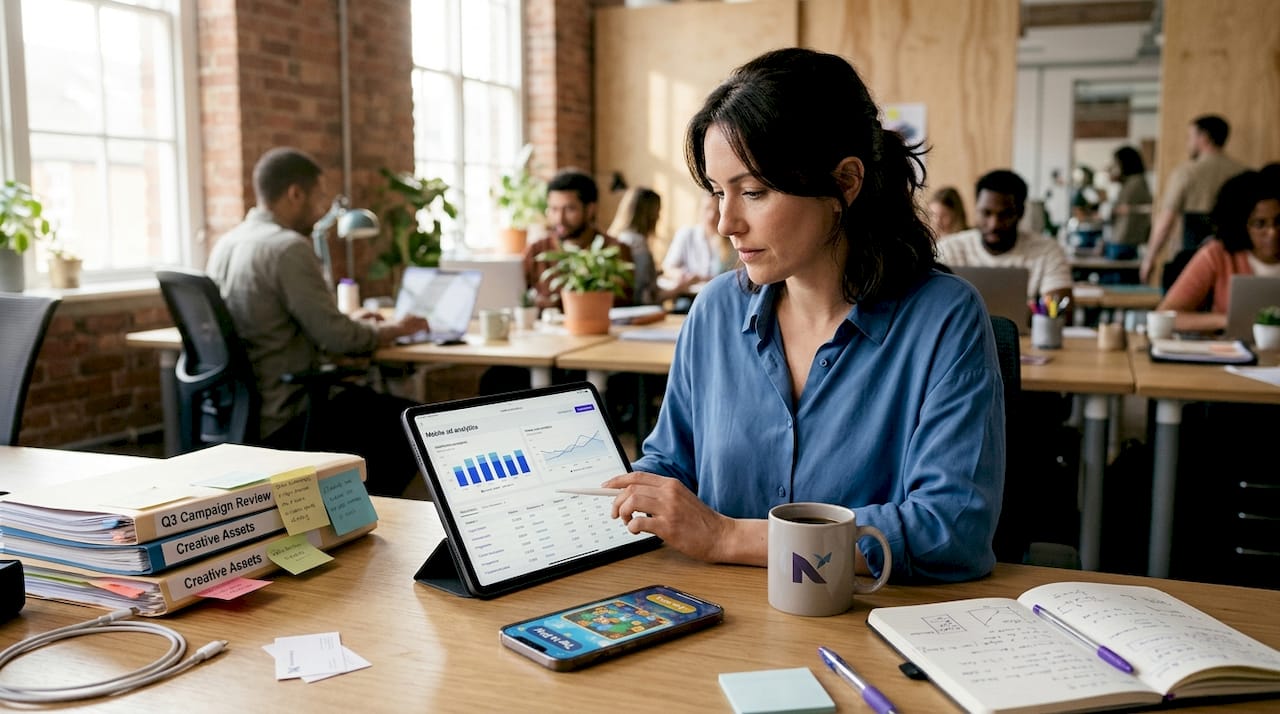 Analyst reviewing mobile ad campaign