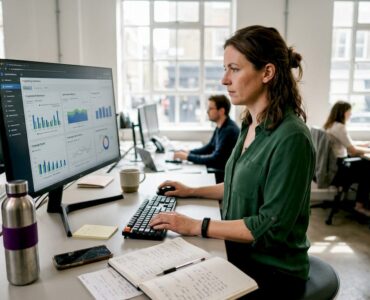 Marketer using no-code ad dashboard at desk