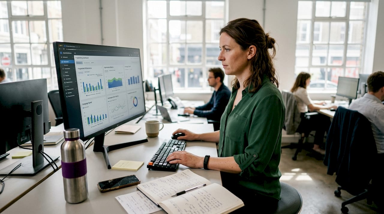 Marketer using no-code ad dashboard at desk