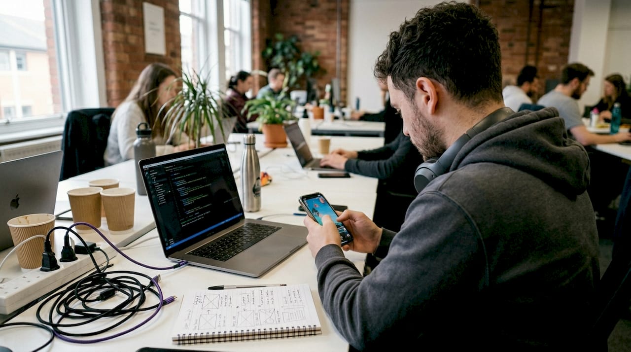 Developer testing mobile game ad at desk