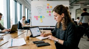 Marketer analyzing mobile ad analytics workspace