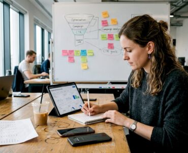 Marketer analyzing mobile ad analytics workspace