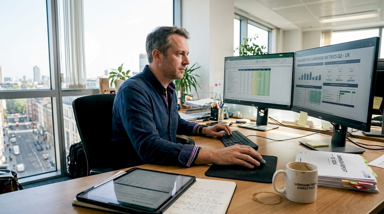 Marketing analyst reviewing playable ad metrics