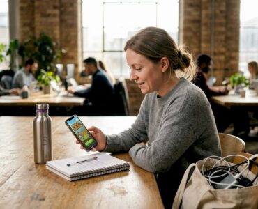 Marketer play-testing mobile ad on phone