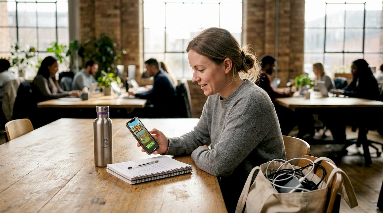 Marketer play-testing mobile ad on phone