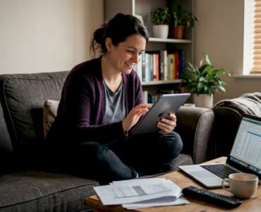 Woman reviewing mobile game ad on tablet