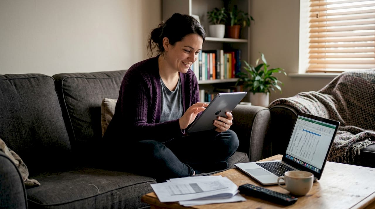 Woman reviewing mobile game ad on tablet
