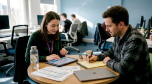 Mobile game team collaborating at table