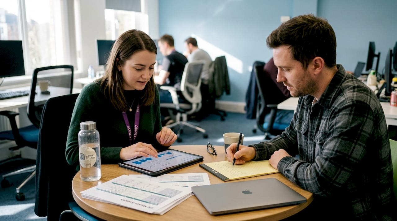 Mobile game team collaborating at table