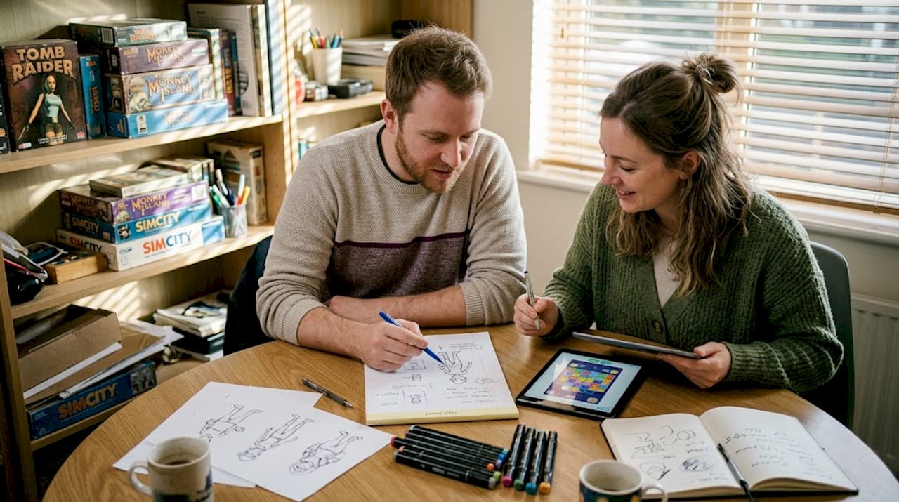 Team sketching playable ad ideas on notepad