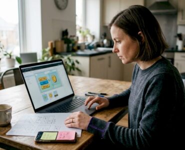 Designer creating mobile ad in kitchen workspace