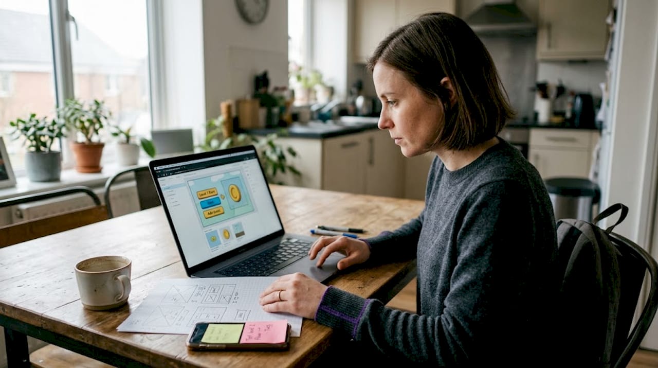 Designer creating mobile ad in kitchen workspace
