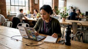 Manager organizing mobile campaign plans at workspace