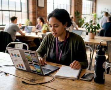 Manager organizing mobile campaign plans at workspace