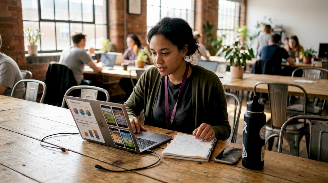 Manager organizing mobile campaign plans at workspace