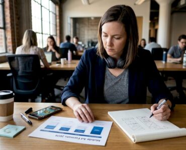 Woman reviewing mobile ad formats chart