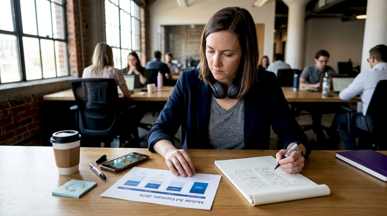 Woman reviewing mobile ad formats chart