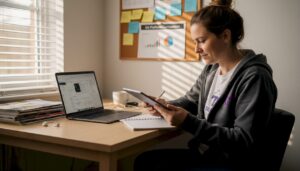 Marketer comparing mobile ad platforms at desk