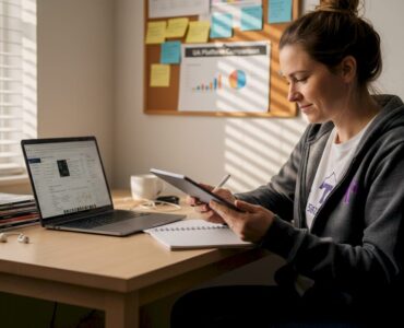 Marketer comparing mobile ad platforms at desk