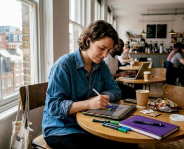 Designer editing mobile ad creatives on tablet