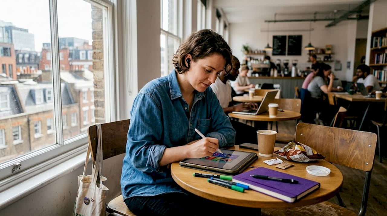 Designer editing mobile ad creatives on tablet