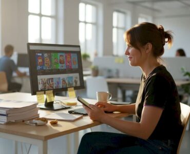 Manager reviewing mobile ad creative designs