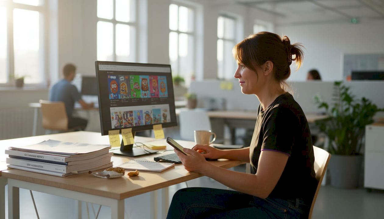 Manager reviewing mobile ad creative designs