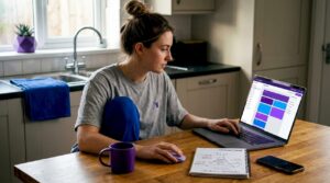 Woman building app with no-code tool at kitchen table