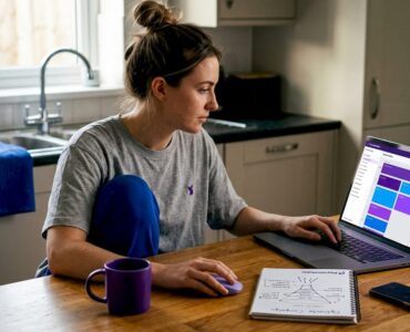 Woman building app with no-code tool at kitchen table
