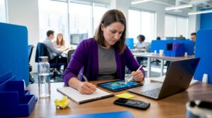 Woman reviewing creative mobile ad workspace