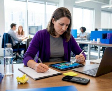 Woman reviewing creative mobile ad workspace