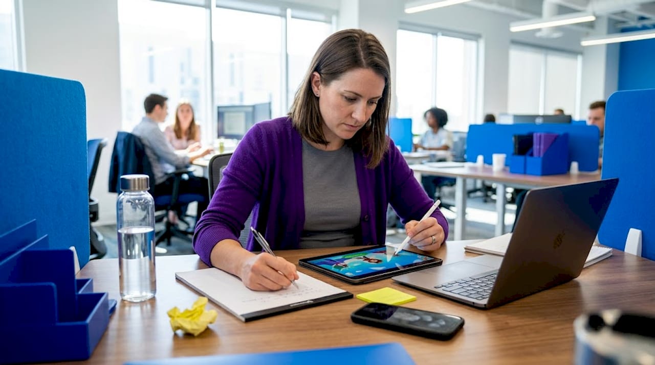 Woman reviewing creative mobile ad workspace