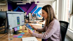 Marketer testing mobile ad at open desk