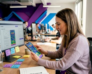 Marketer testing mobile ad at open desk