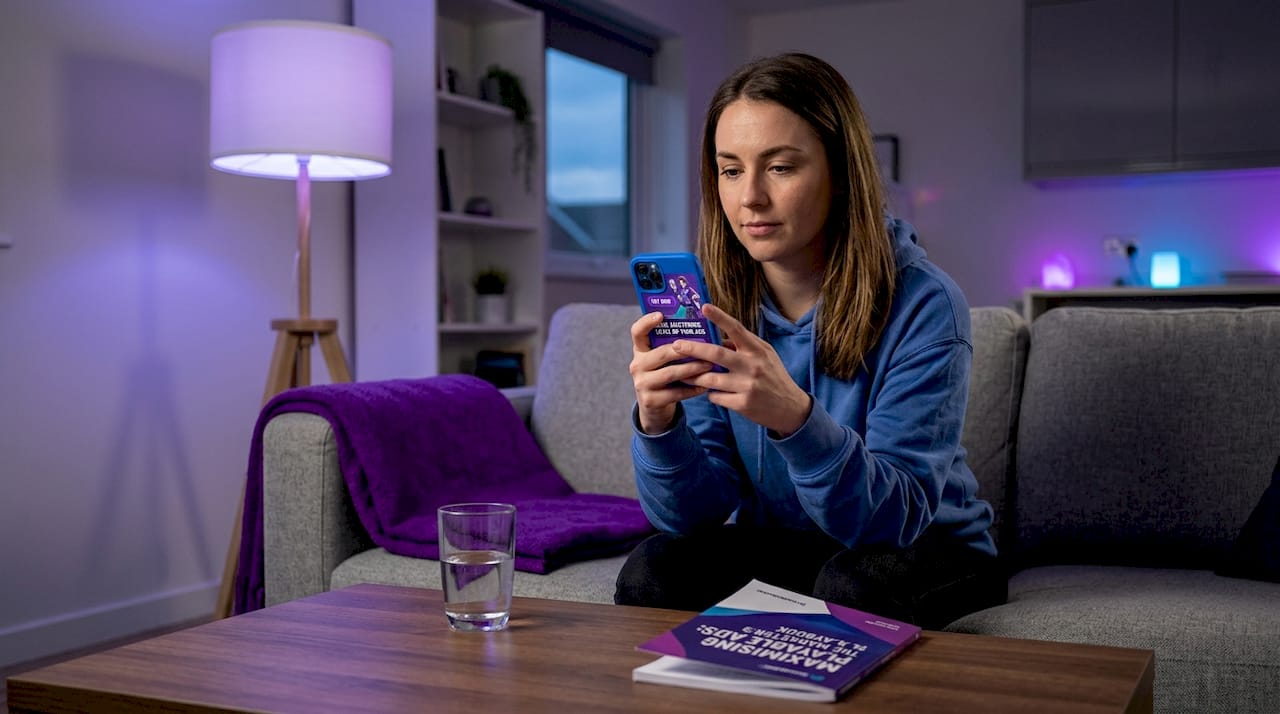 Woman pausing game to view mobile ad
