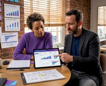 Team reviewing mobile ad performance at office table