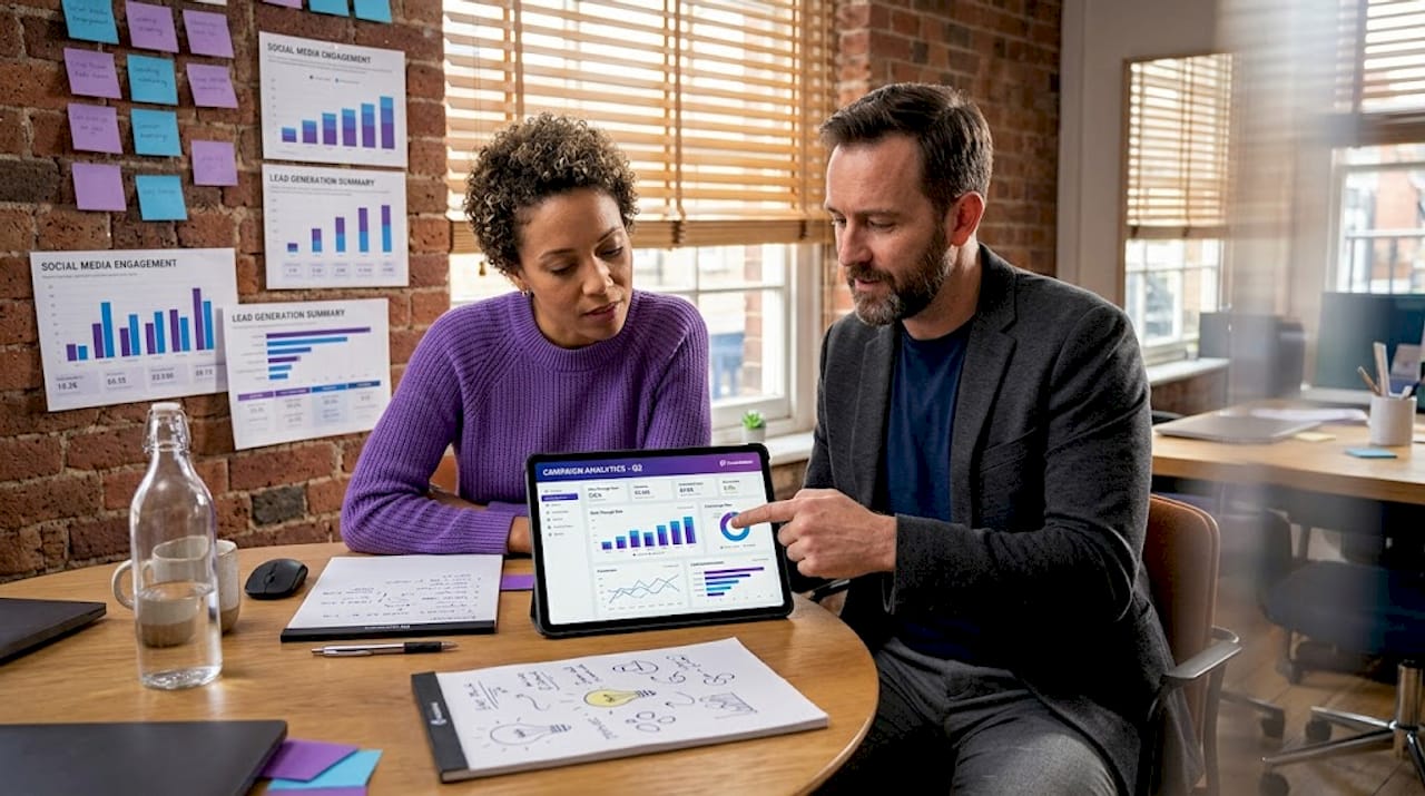 Team reviewing mobile ad performance at office table