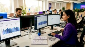 Ad managers reviewing mobile game campaign data