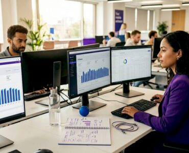 Ad managers reviewing mobile game campaign data