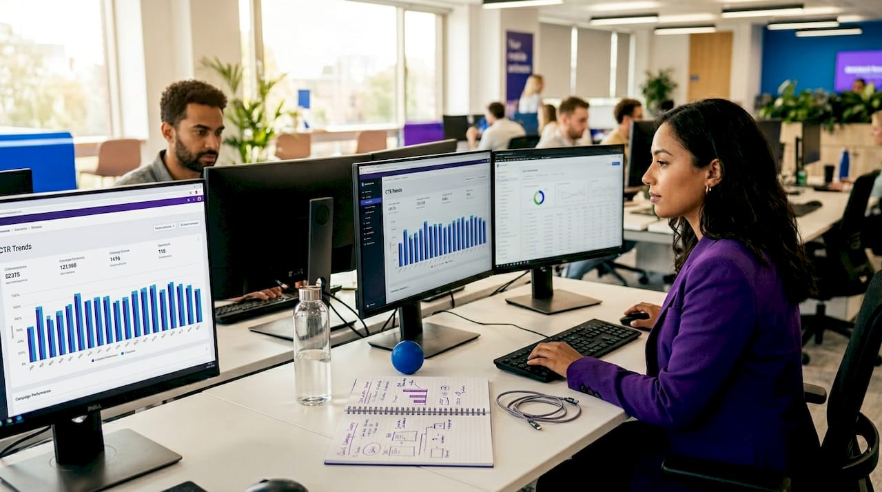 Ad managers reviewing mobile game campaign data