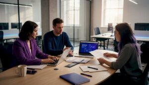 Marketers collaborating on ad automation workflow