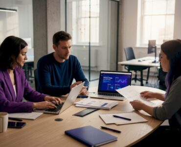 Marketers collaborating on ad automation workflow