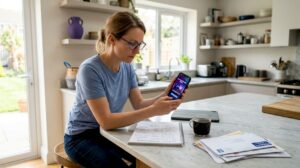 Woman testing mobile demo ad at kitchen island