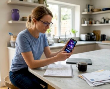 Woman testing mobile demo ad at kitchen island