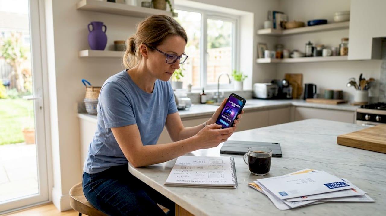 Woman testing mobile demo ad at kitchen island