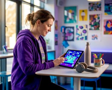 Marketer reviewing playable ad on tablet