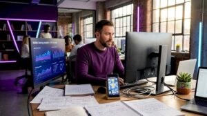 Manager reviewing mobile ad fraud analytics