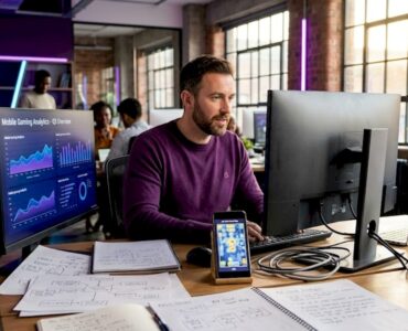 Manager reviewing mobile ad fraud analytics